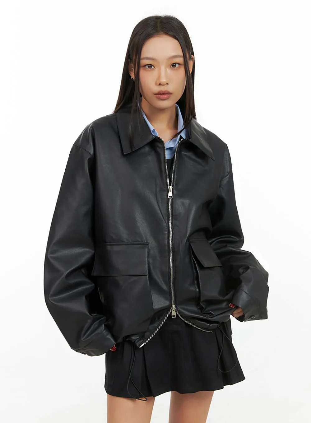 Zip-Up Oversize Leather Jacket IS427