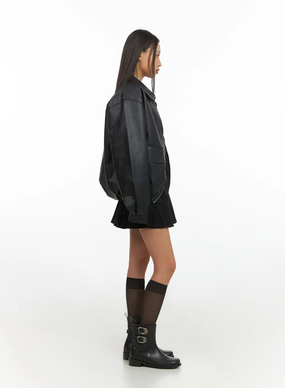 Zip-Up Oversize Leather Jacket IS427