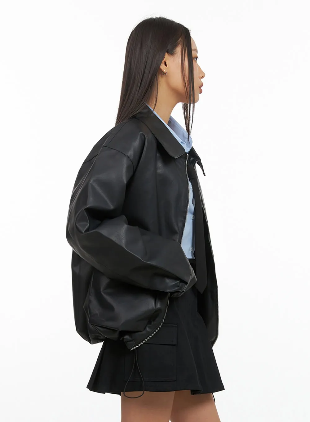 Zip-Up Oversize Leather Jacket IS427