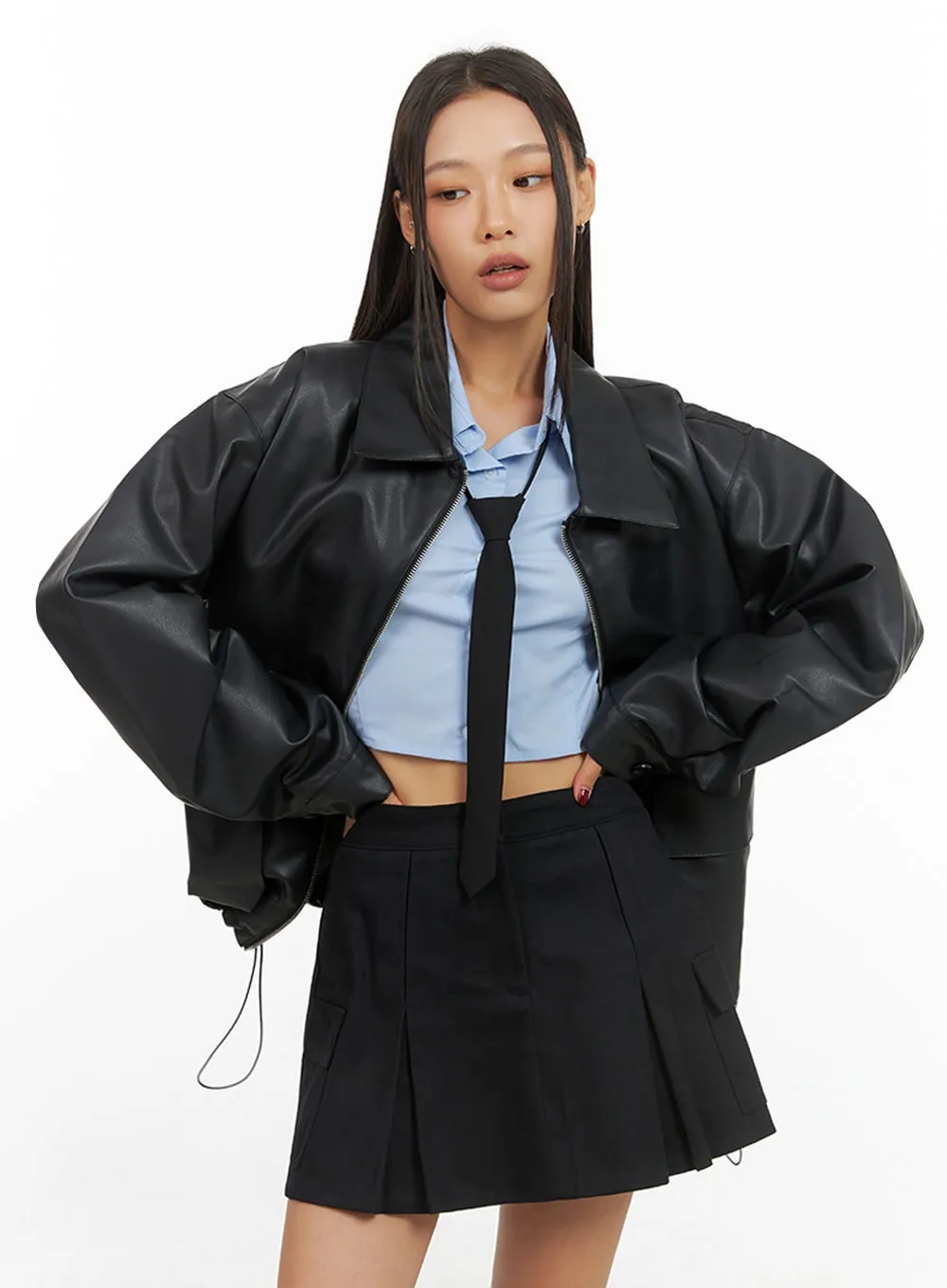 Zip-Up Oversize Leather Jacket IS427