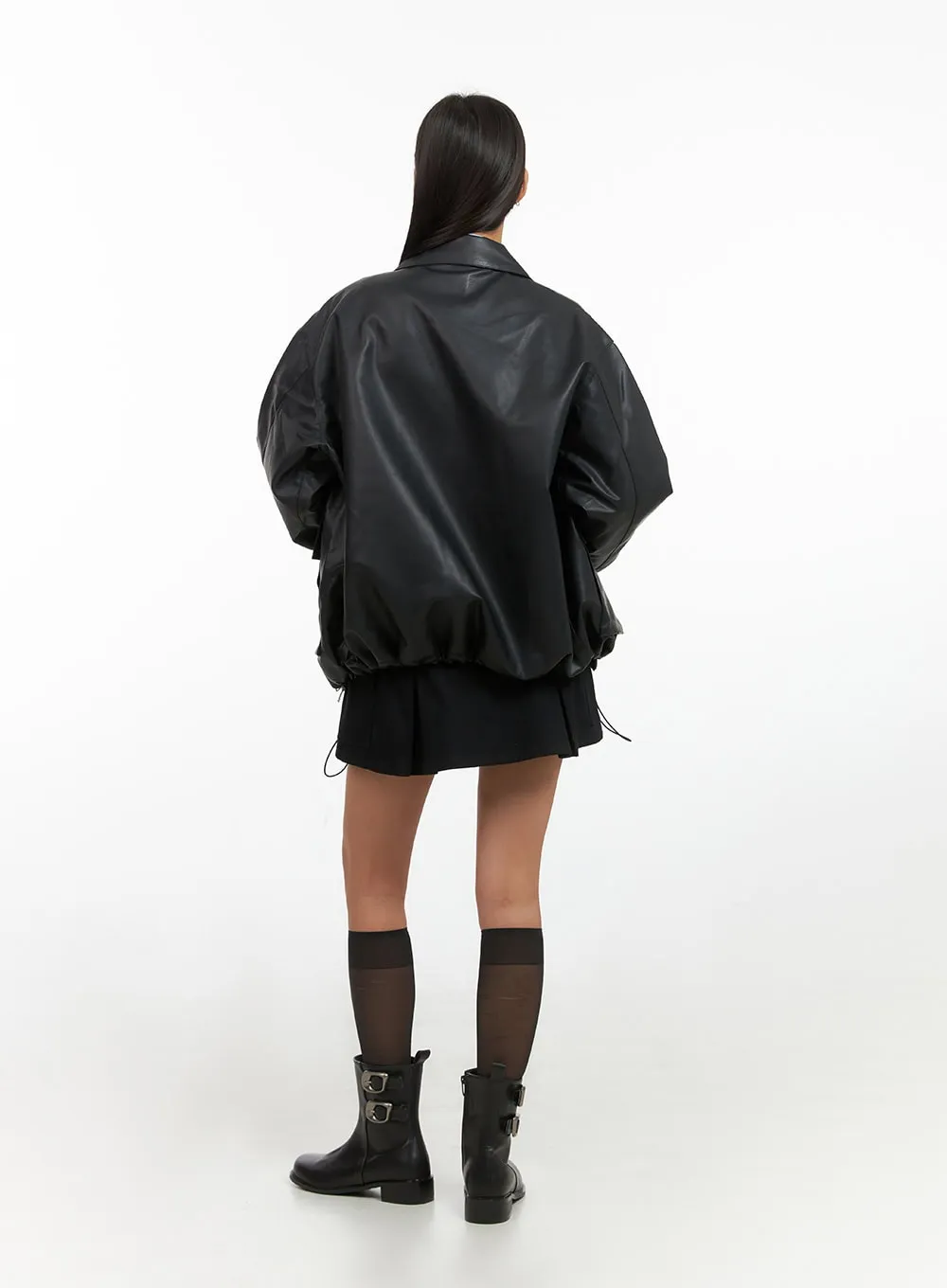 Zip-Up Oversize Leather Jacket IS427