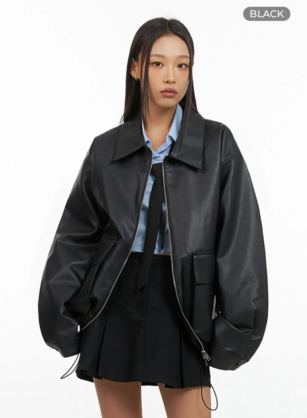 Zip-Up Oversize Leather Jacket IS427