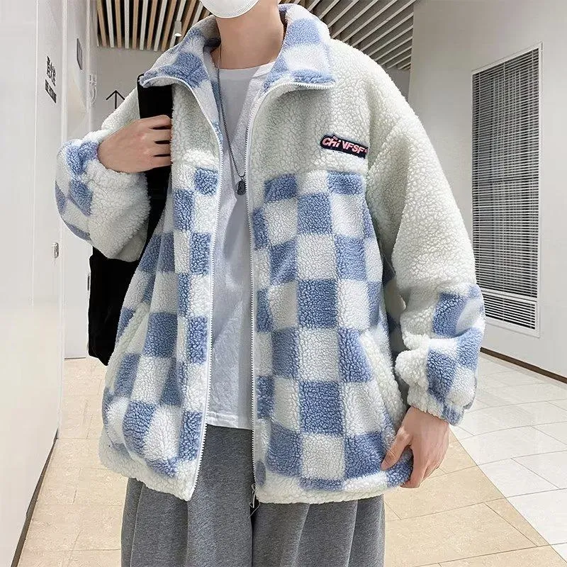 Zip-Up Plaid Workwear Style Retro Teddy Coat